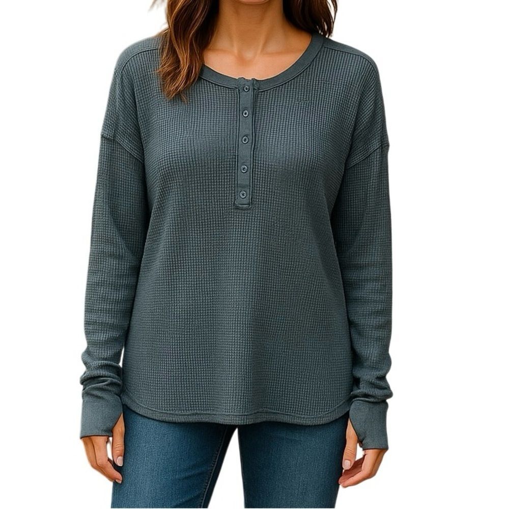 Aerie Waffle Knit Henley Partial Button Down Khaki Green Womens Sz XS Oversized